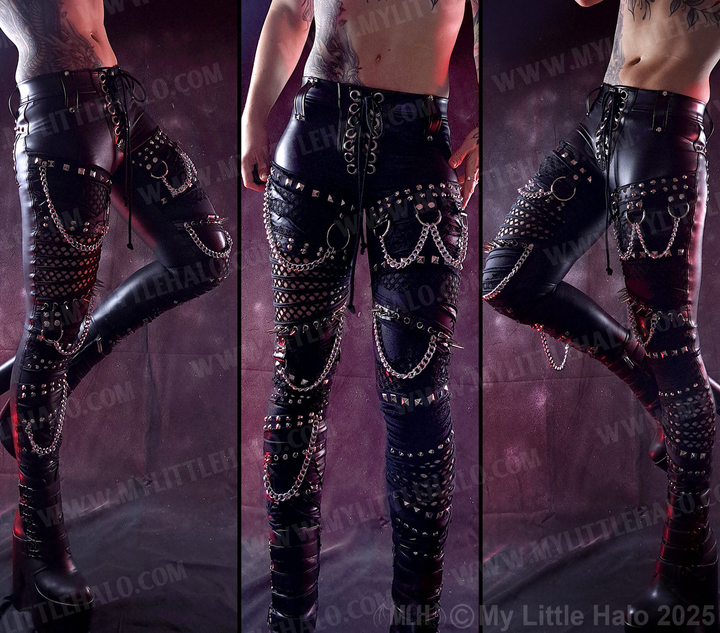 #10 Black Wet Look & Fishnet, Spiked, Gothic Skinny Pants
