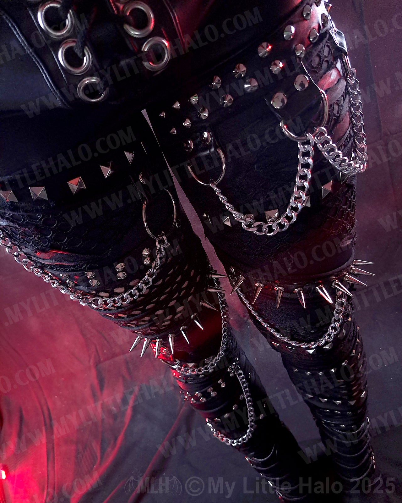 #10 Black Wet Look & Fishnet, Spiked, Gothic Skinny Pants