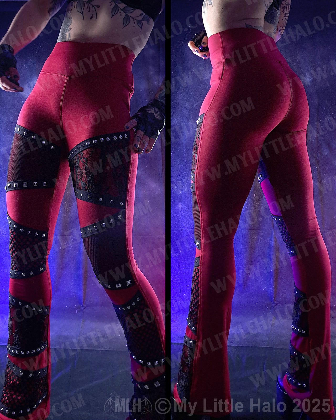 #10 Deep Red & Black Fishnet & Lace Bootcut Pants