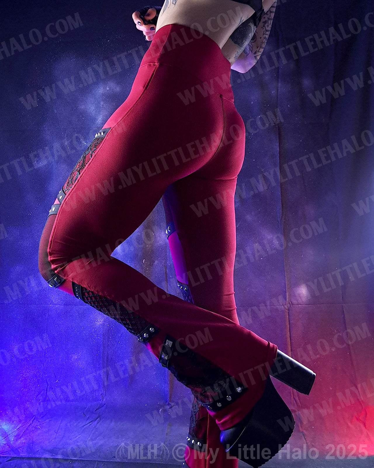 #10 Deep Red & Black Fishnet & Lace Bootcut Pants