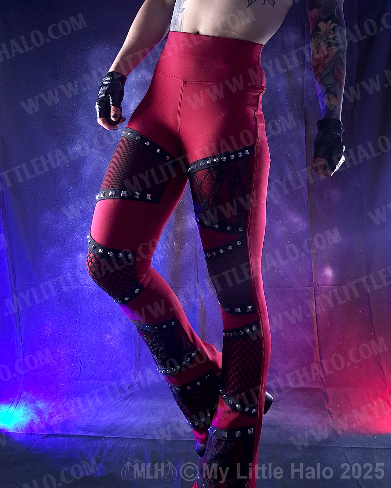#10 Deep Red & Black Fishnet & Lace Bootcut Pants