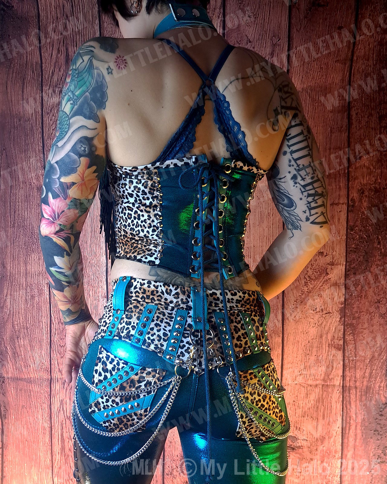 #10 Teal & Cheetah Fringed Peephole Halter