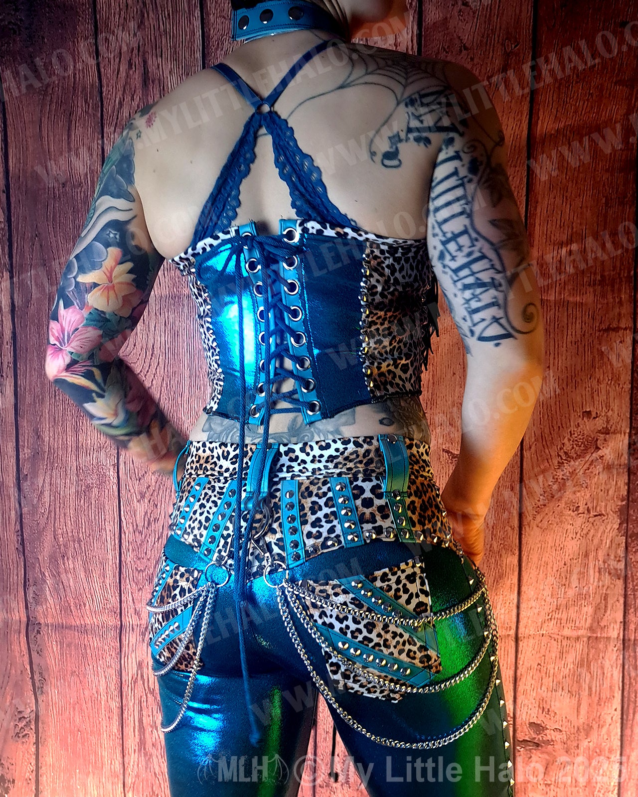#10 Teal & Cheetah Fringed Peephole Halter