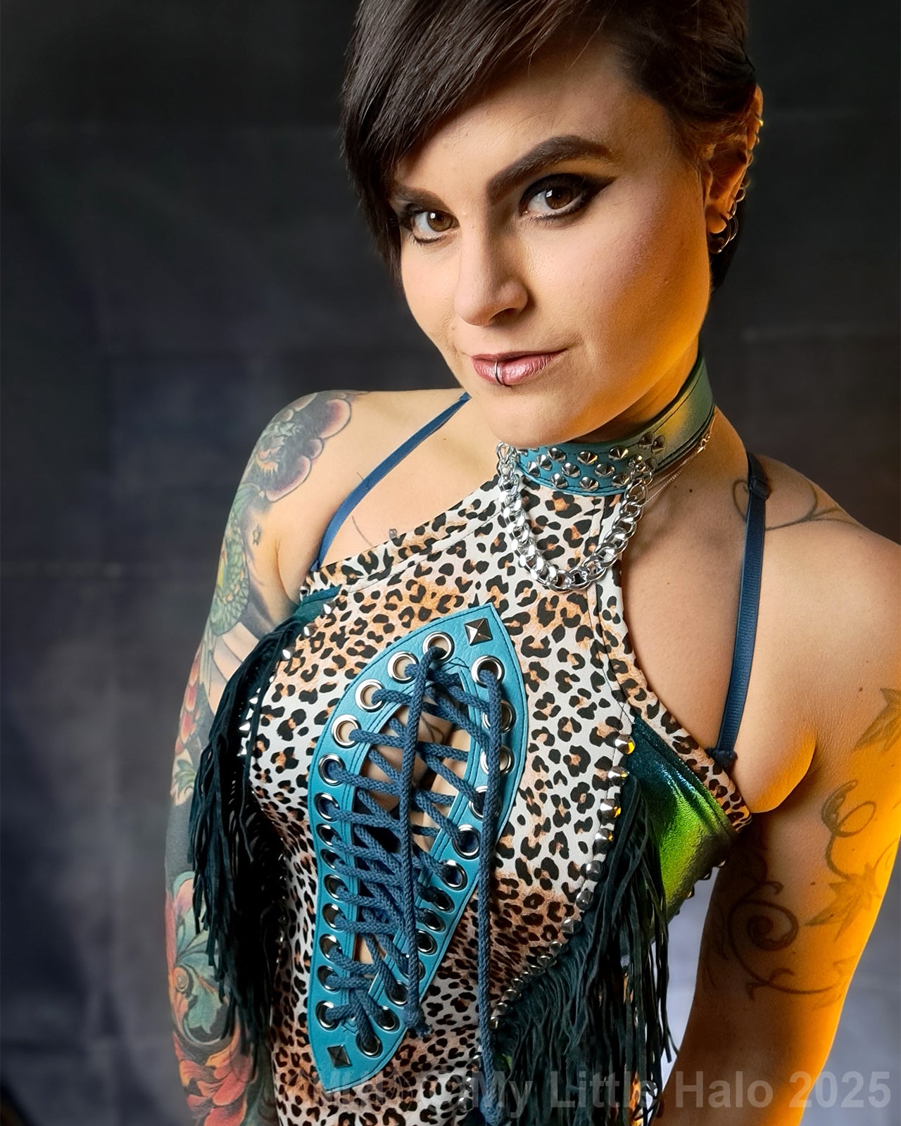 #10 Teal & Cheetah Fringed Peephole Halter