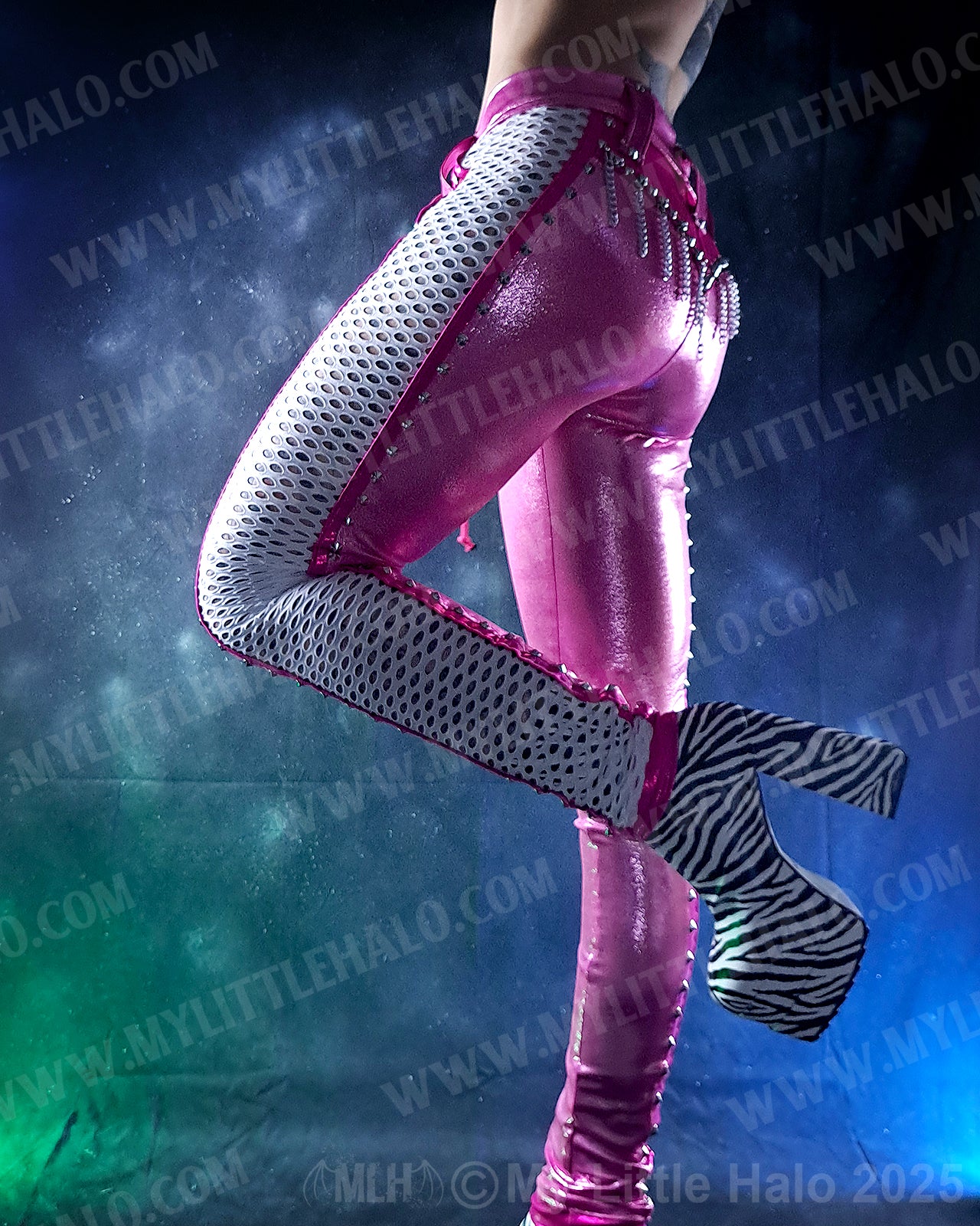 #11 Pink, White & Silver Fishnet Panel Pants