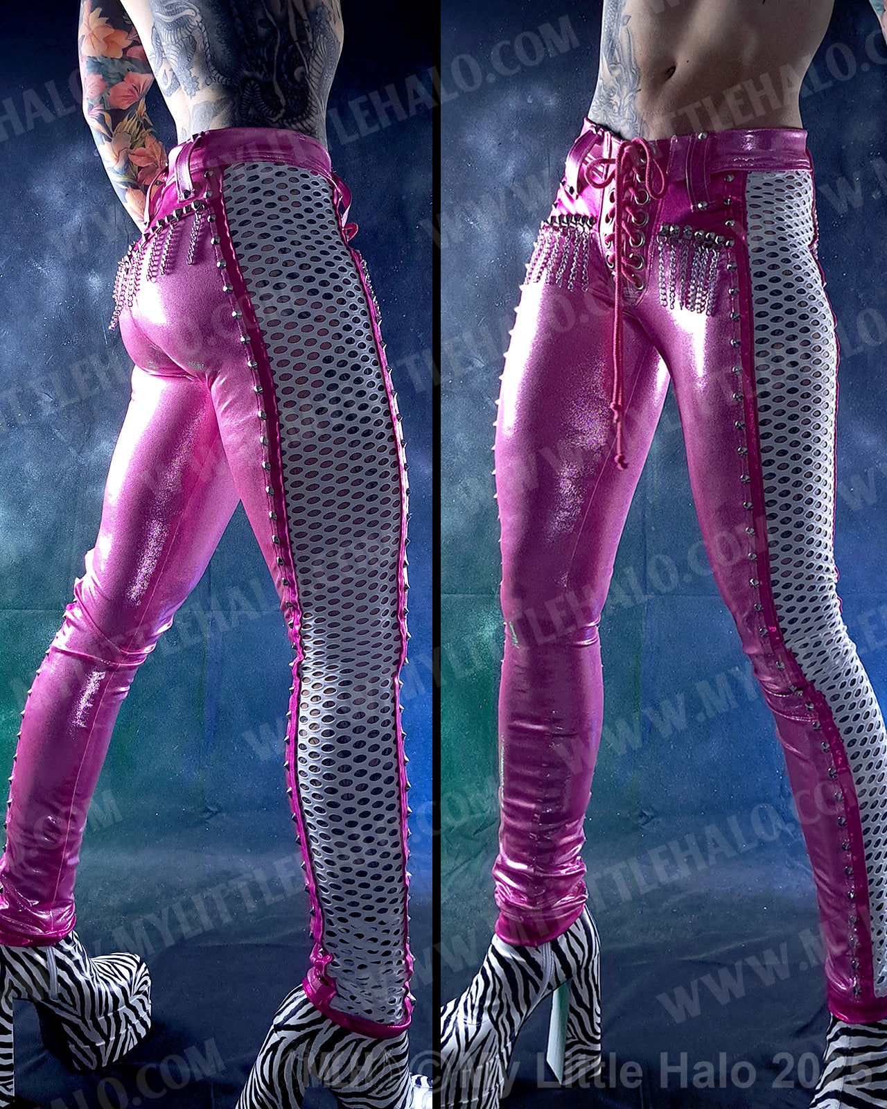 #11 Pink, White & Silver Fishnet Panel Pants