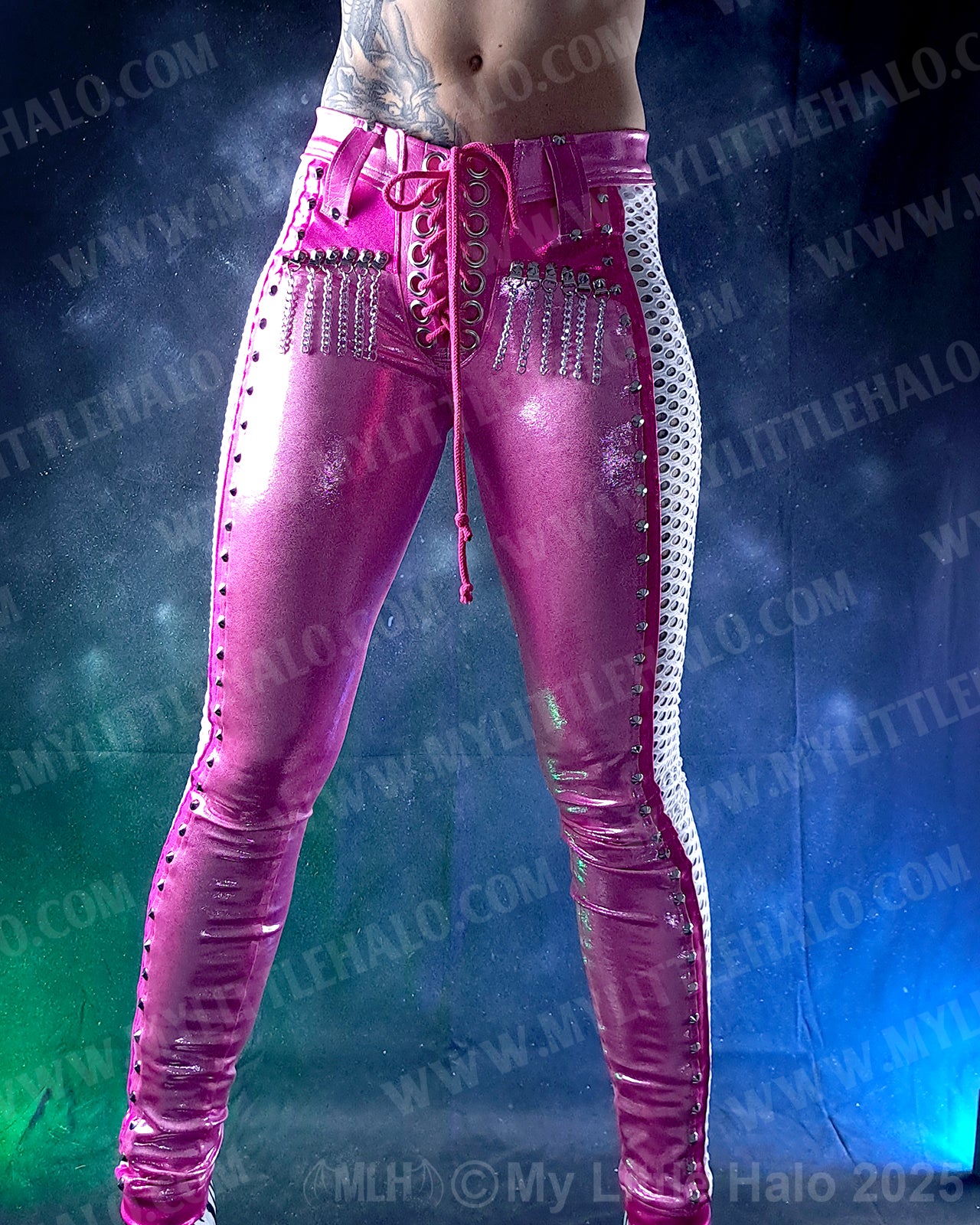 #11 Pink, White & Silver Fishnet Panel Pants