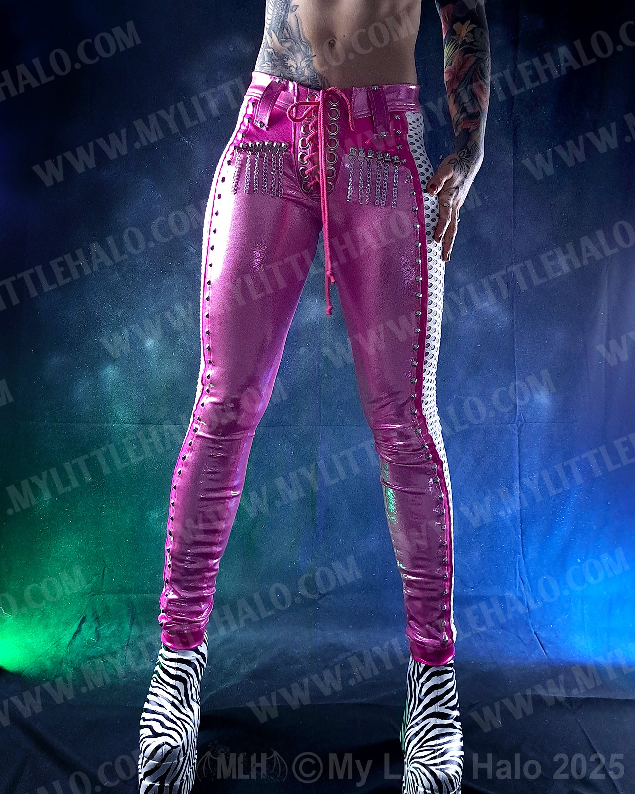 #11 Pink, White & Silver Fishnet Panel Pants