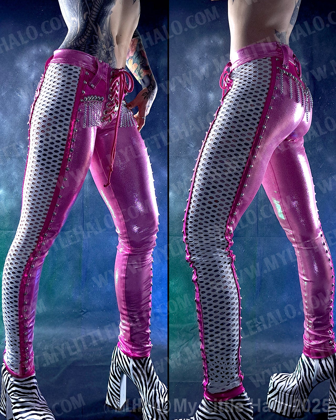 #11 Pink, White & Silver Fishnet Panel Pants
