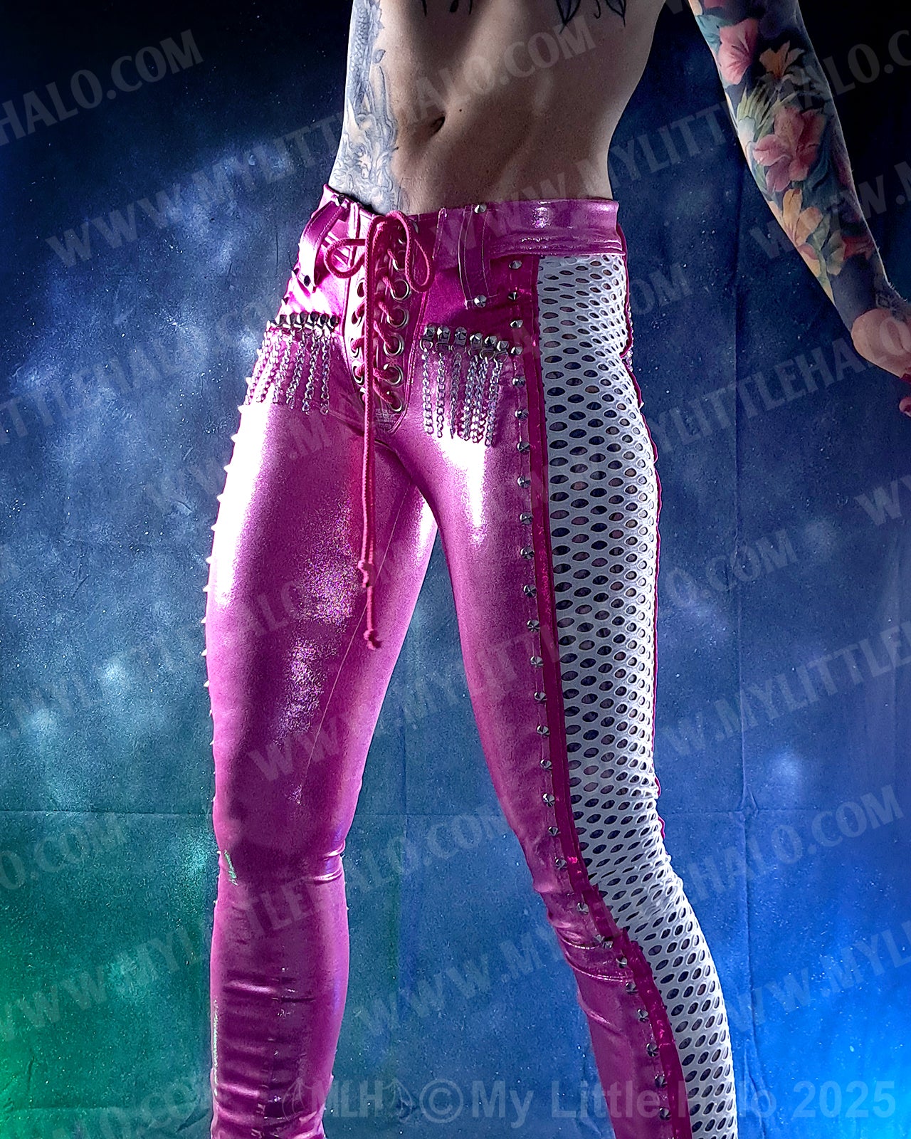 #11 Pink, White & Silver Fishnet Panel Pants