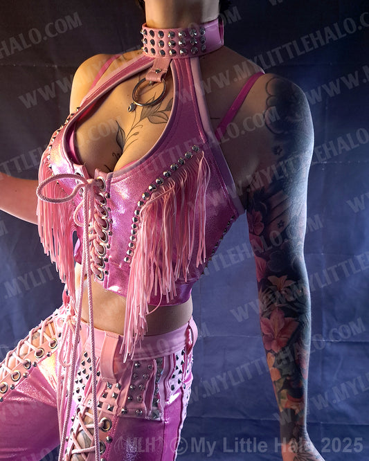 #11 Pink Candy Lace up Fringed Halter (04-25-01-1-011)
