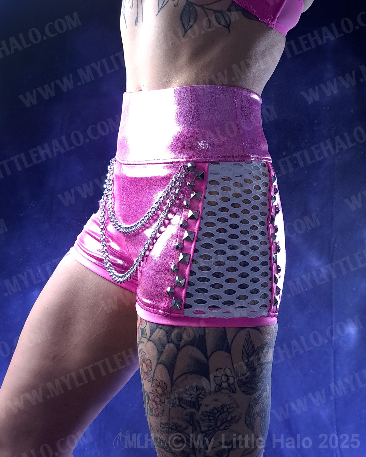 #12 Pink, White & Silver Fishnet Shorts