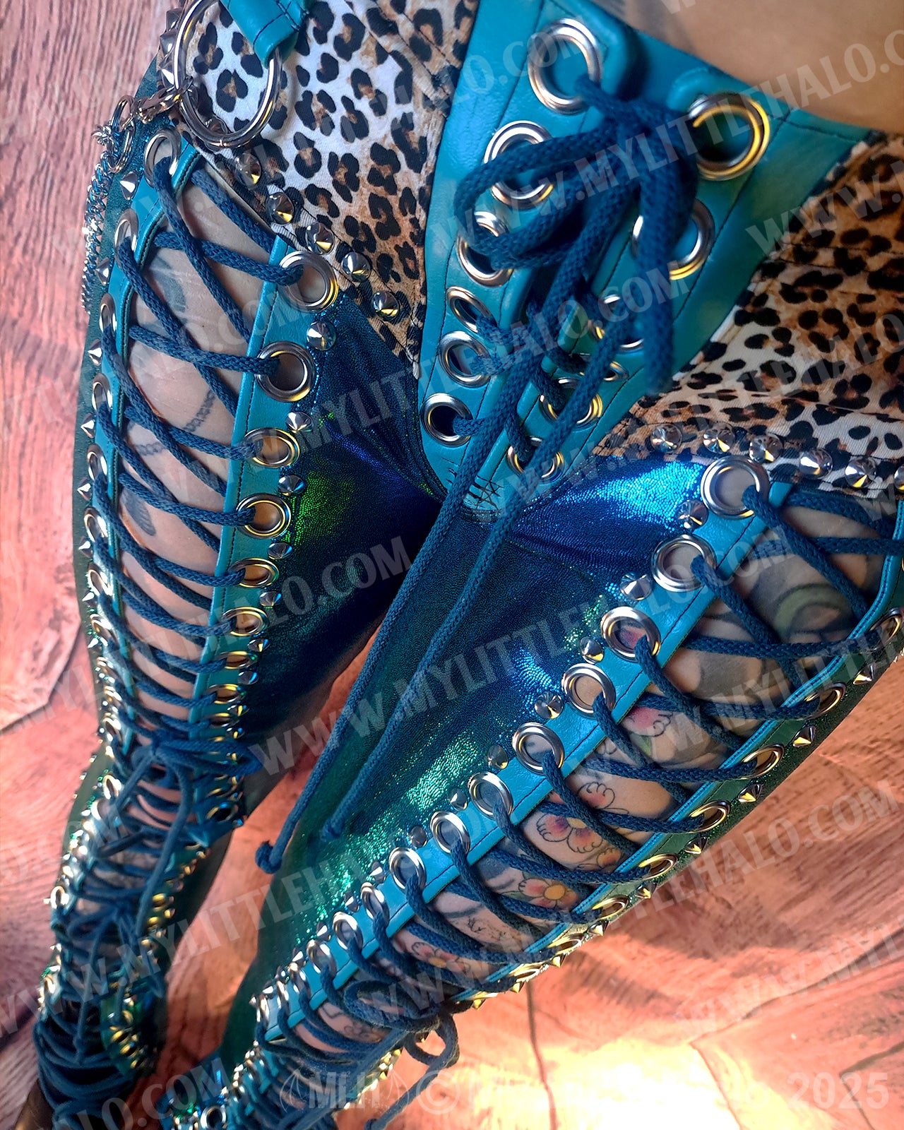 #12 Teal & Cheetah Front Lace up Skinnies
