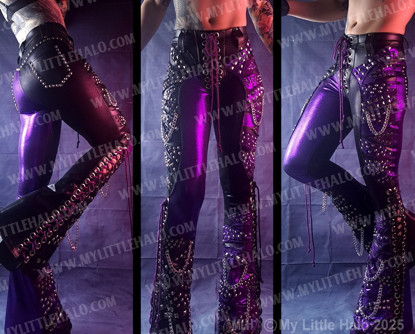#13 High Waisted Purple & Black Collaged Lace up Flares