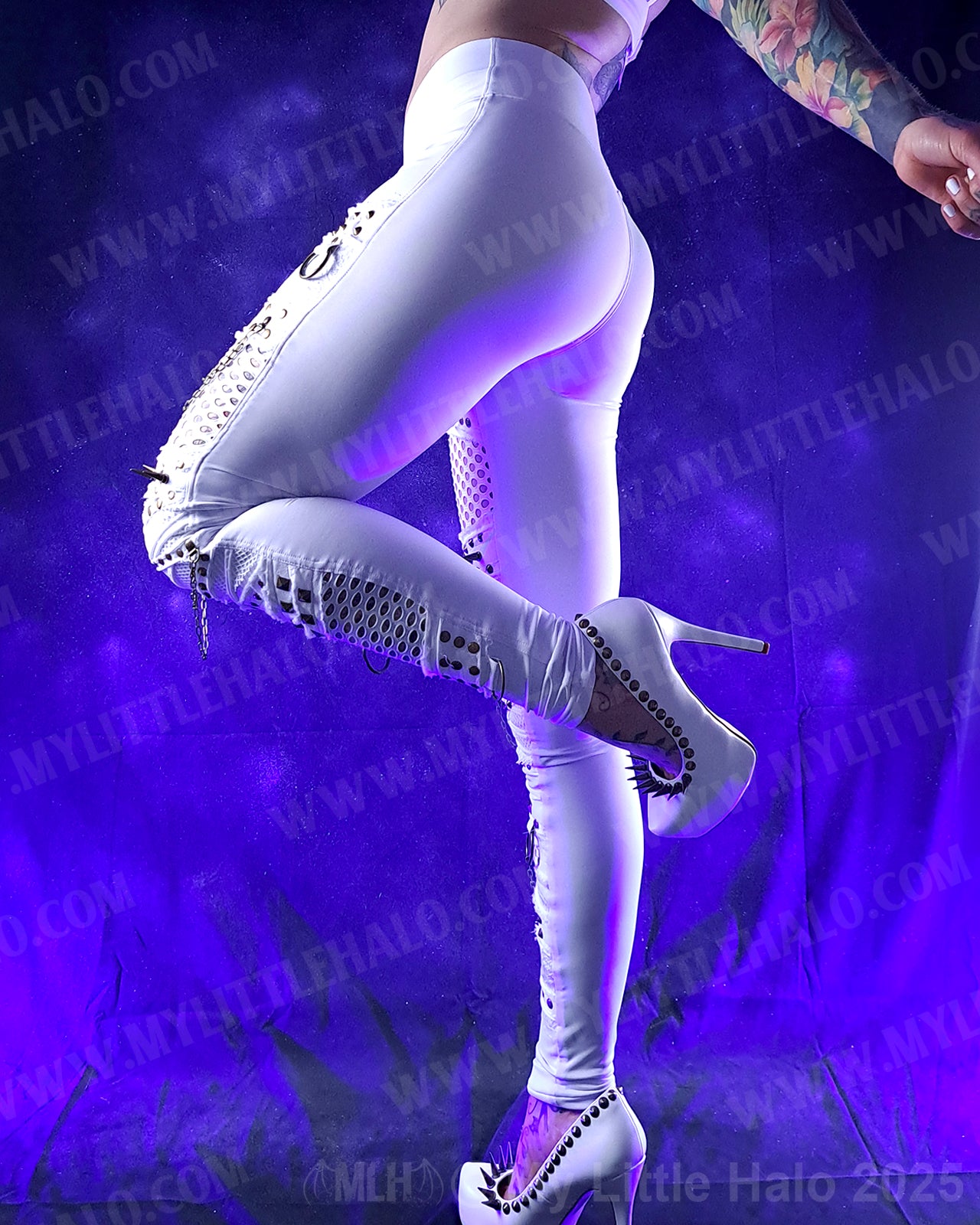 #13 High Waisted White Fishnet & Spike Leggings