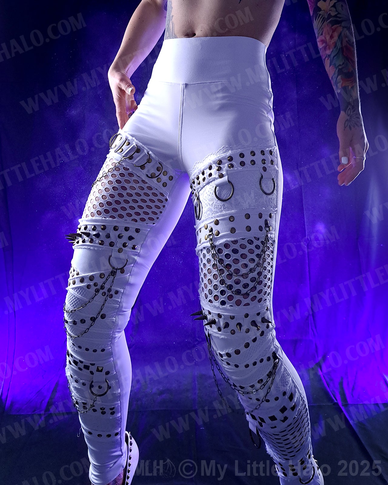 #13 High Waisted White Fishnet & Spike Leggings