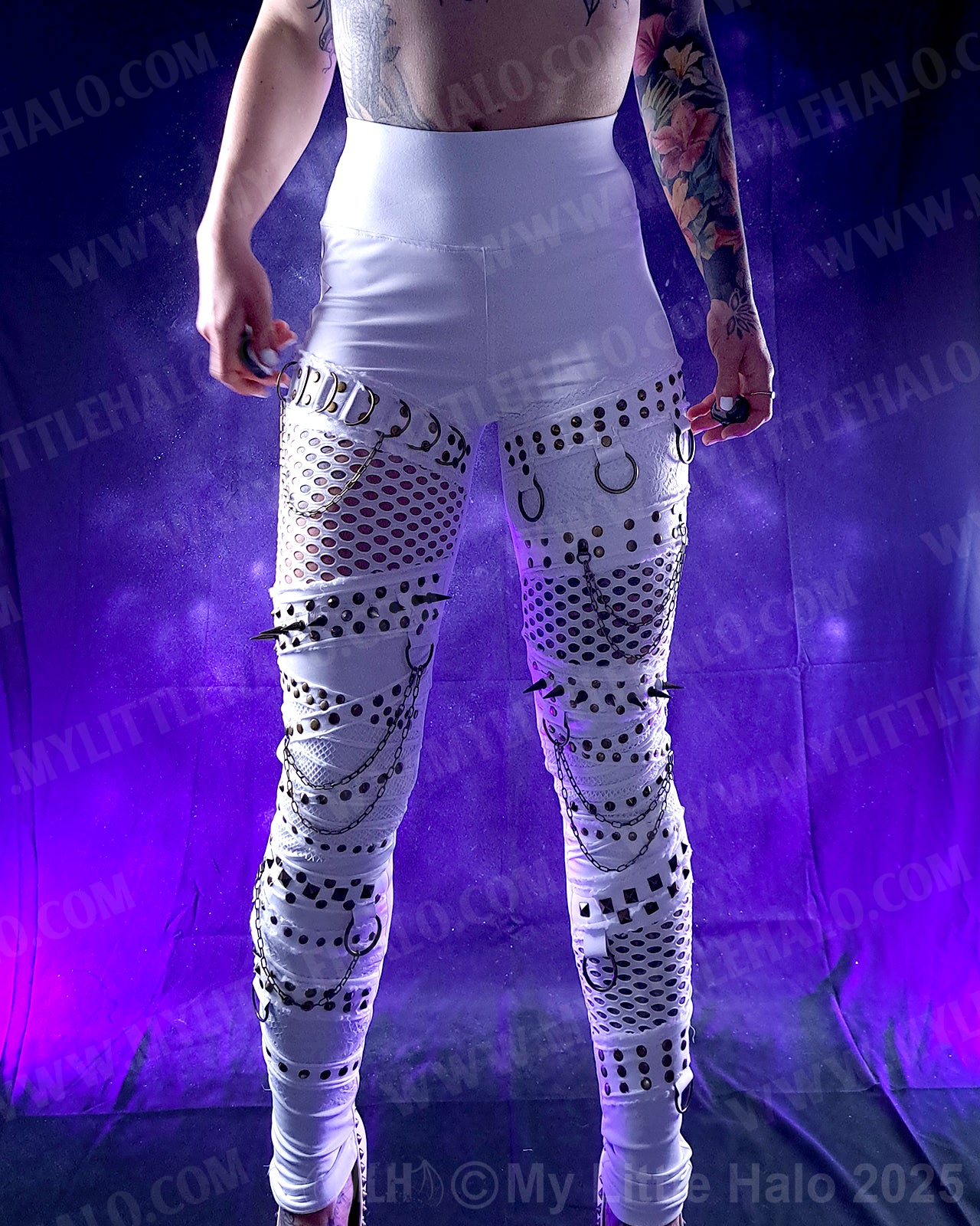 #13 High Waisted White Fishnet & Spike Leggings