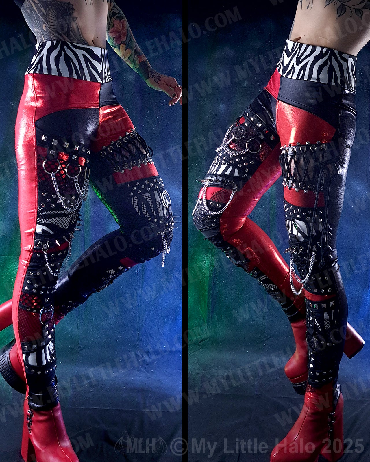 #13 Red, Black & Zebra Spiked Leggings