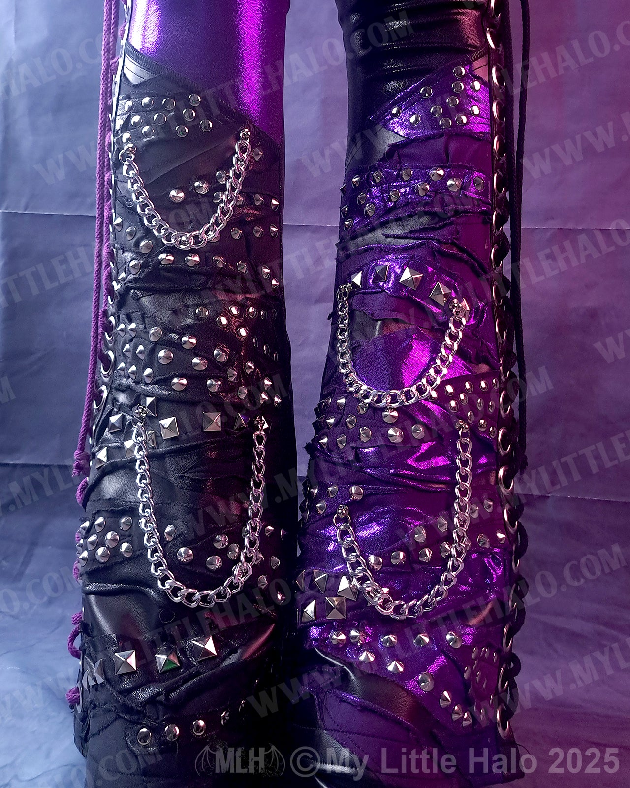 #13 High Waisted Purple & Black Collaged Lace up Flares