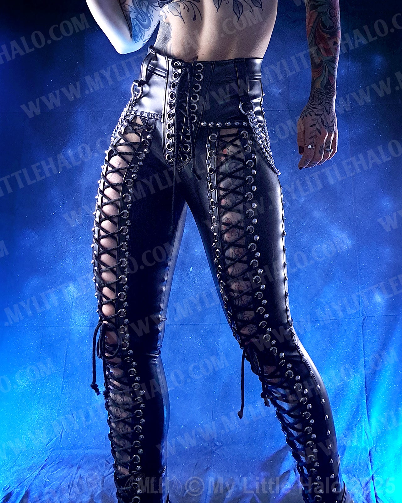 #14 High Waisted Black Wet Look Lace up Pants