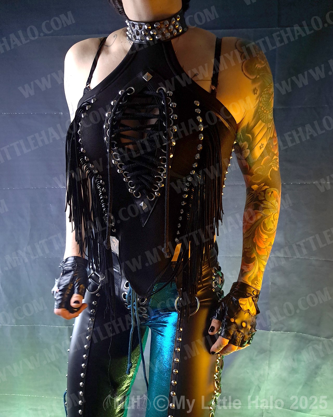 #15 Black Fringed Peephole Halter Top