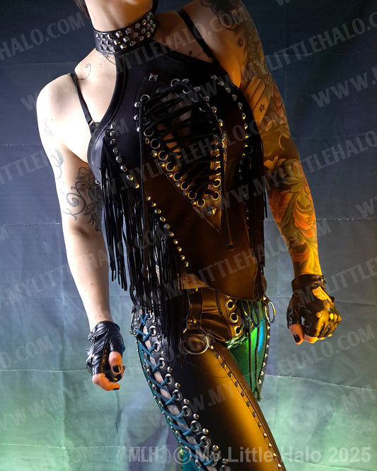 #15 Black Fringed Peephole Halter Top