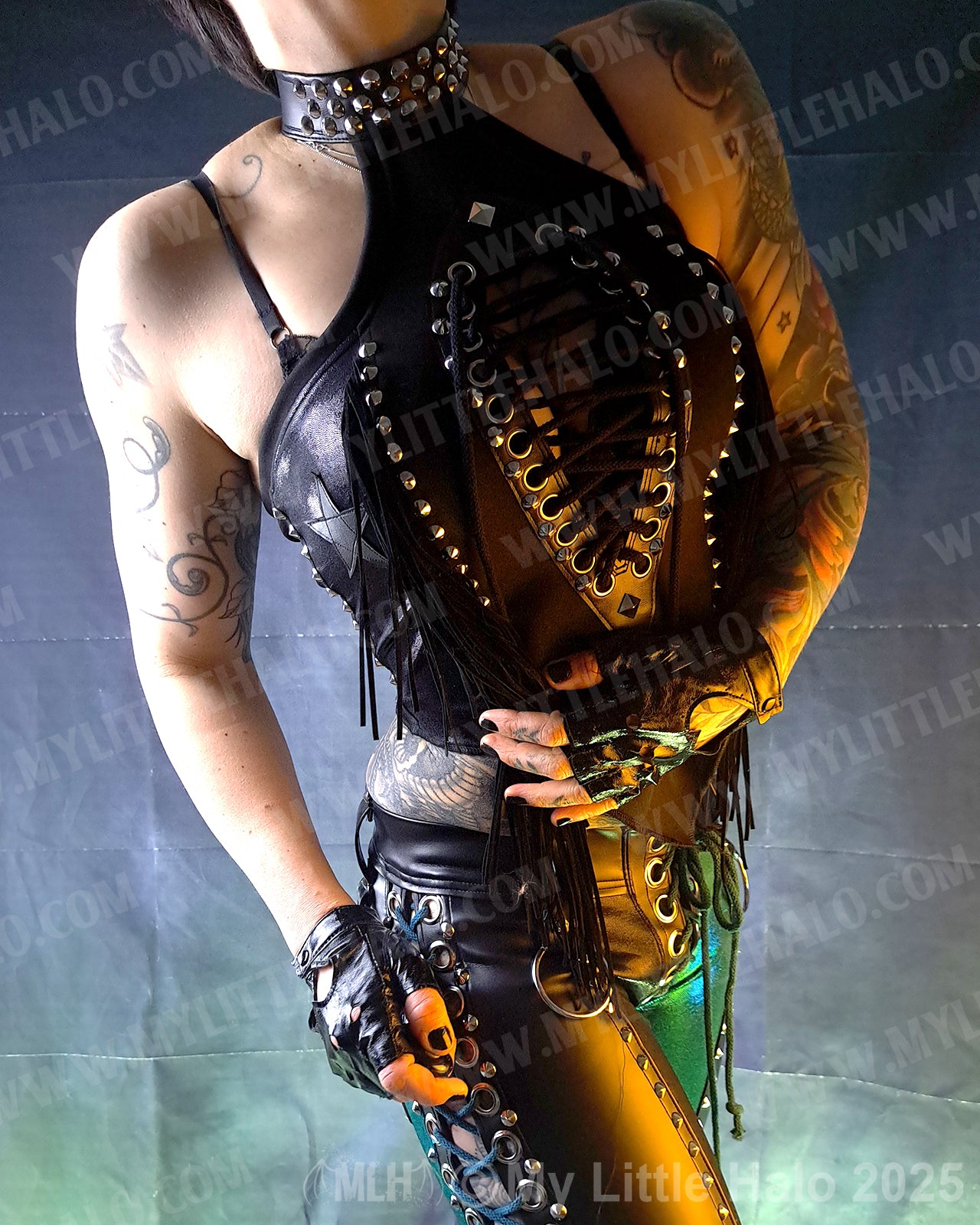 #15 Black Fringed Peephole Halter Top