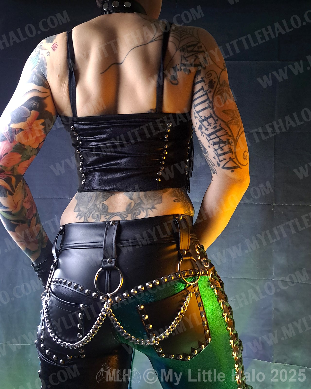#15 Black Fringed Peephole Halter Top