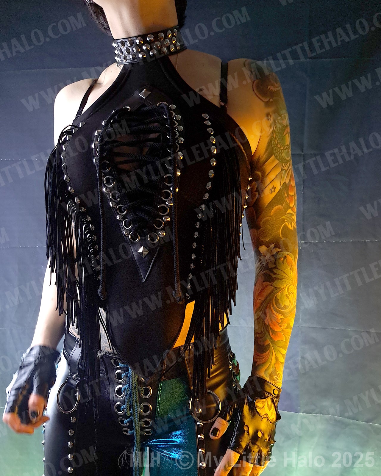 #15 Black Fringed Peephole Halter Top