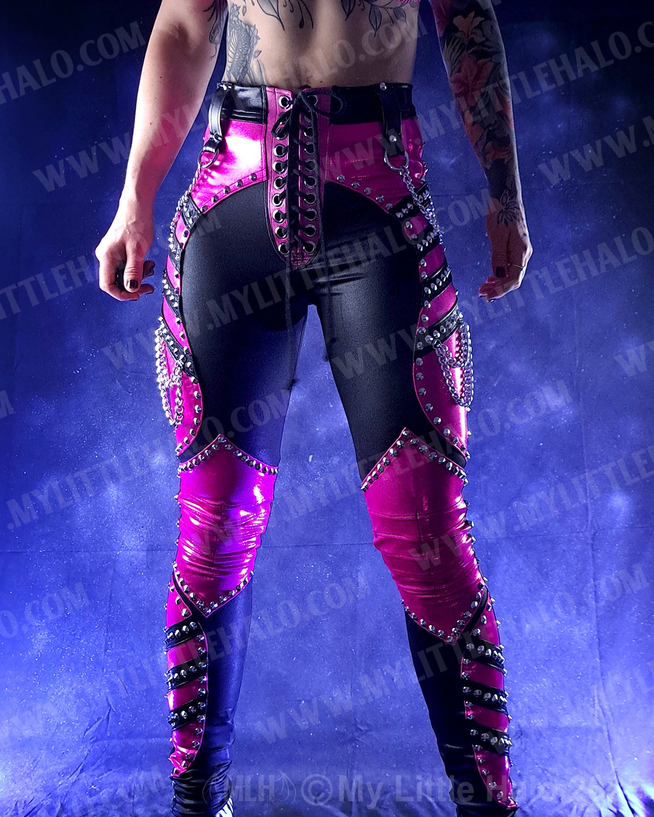 #16 Black & Pink High Waisted Rivet & Chain Pants