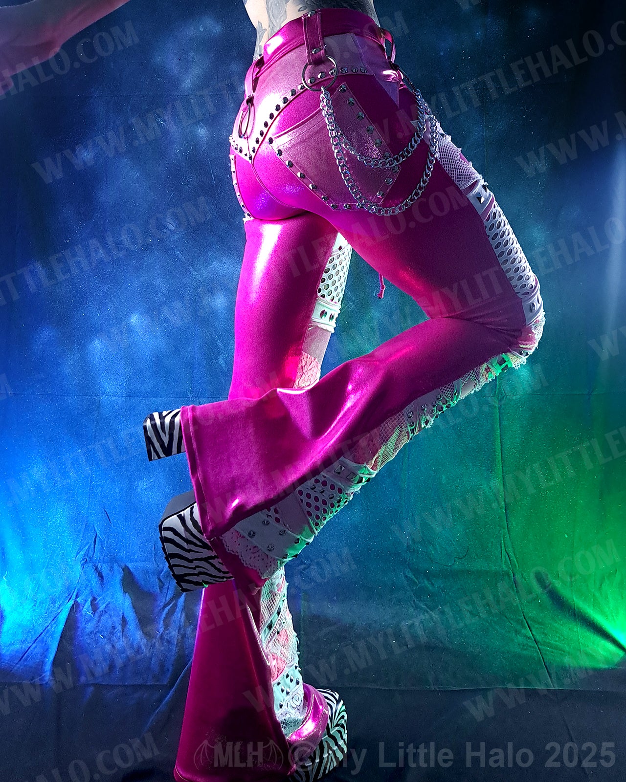 #16 Pink & Silver Fishnet Collaged Flare Pants