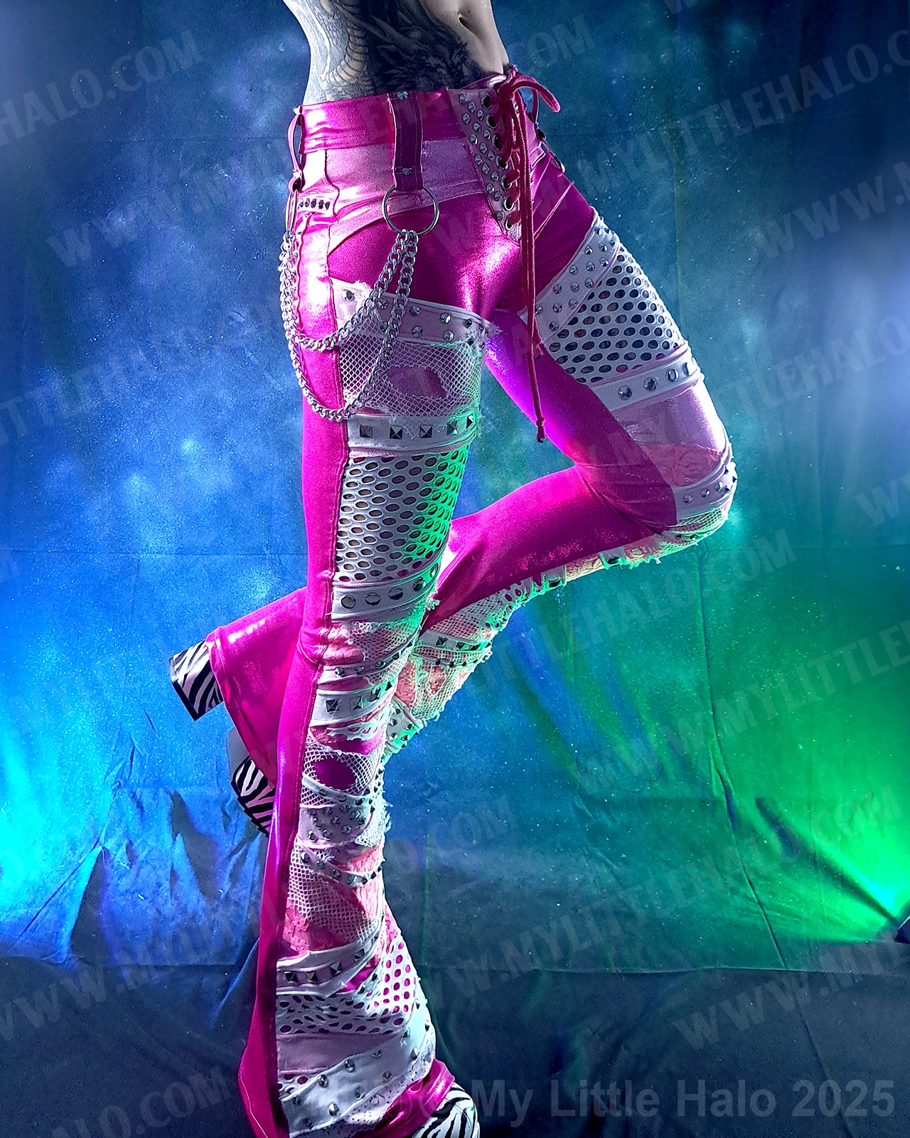 #16 Pink & Silver Fishnet Collaged Flare Pants