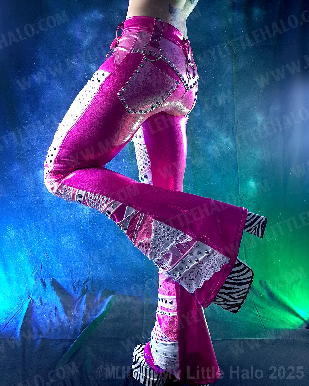 #16 Pink & Silver Fishnet Collaged Flare Pants
