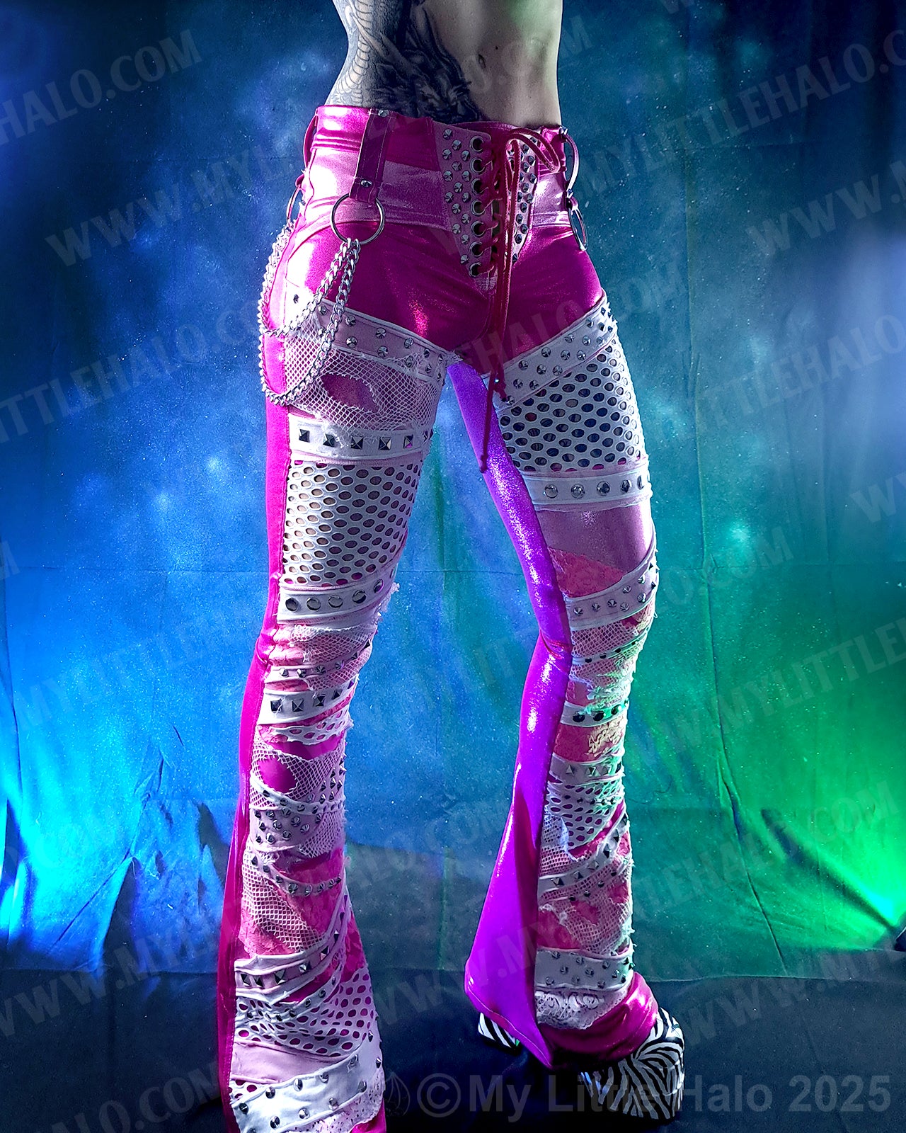 #16 Pink & Silver Fishnet Collaged Flare Pants