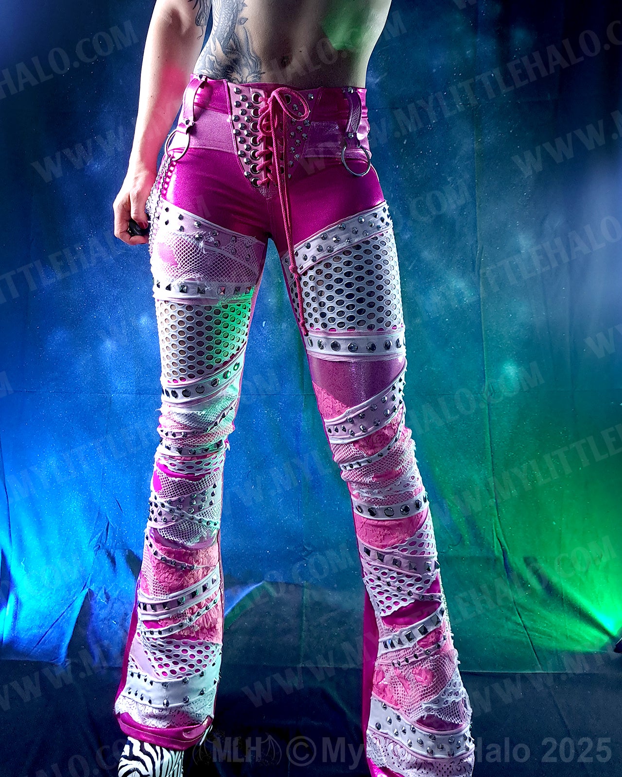 #16 Pink & Silver Fishnet Collaged Flare Pants