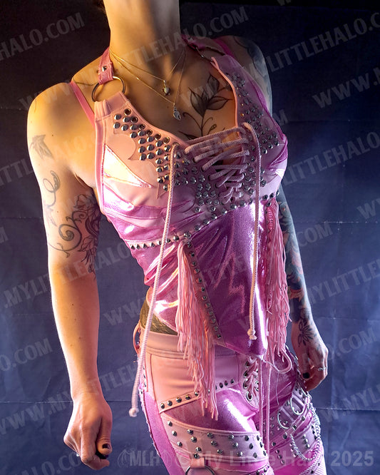 #16 Pink Candy Fringed Tie Up Rivet Halter (04-25-01-1-016)