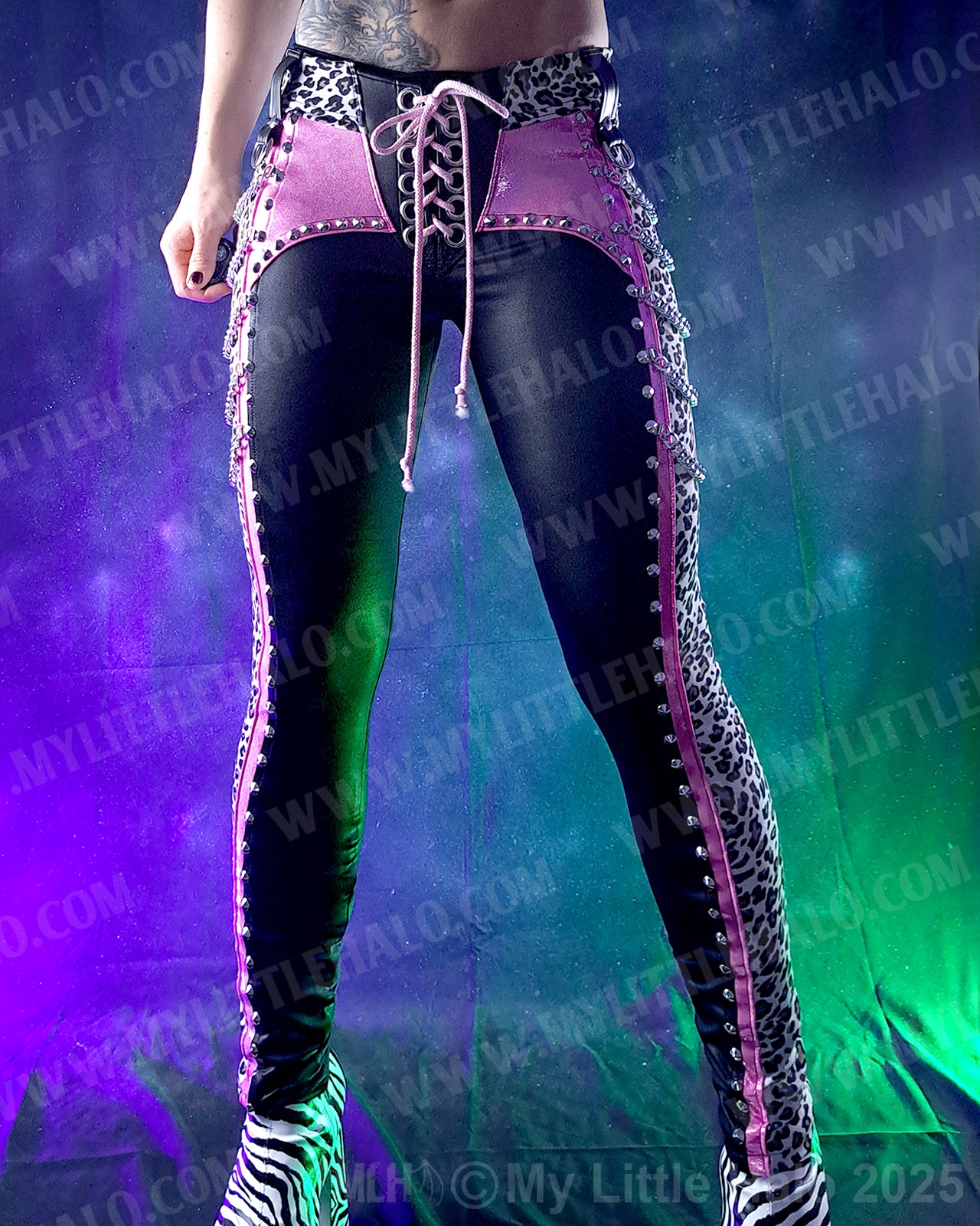 #17 Baby Pink, Black & Cheetah Print Chain Skinnies