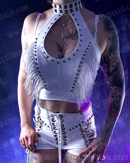 #18 Pyramid Rivet Fringed White Peephole Choker Top