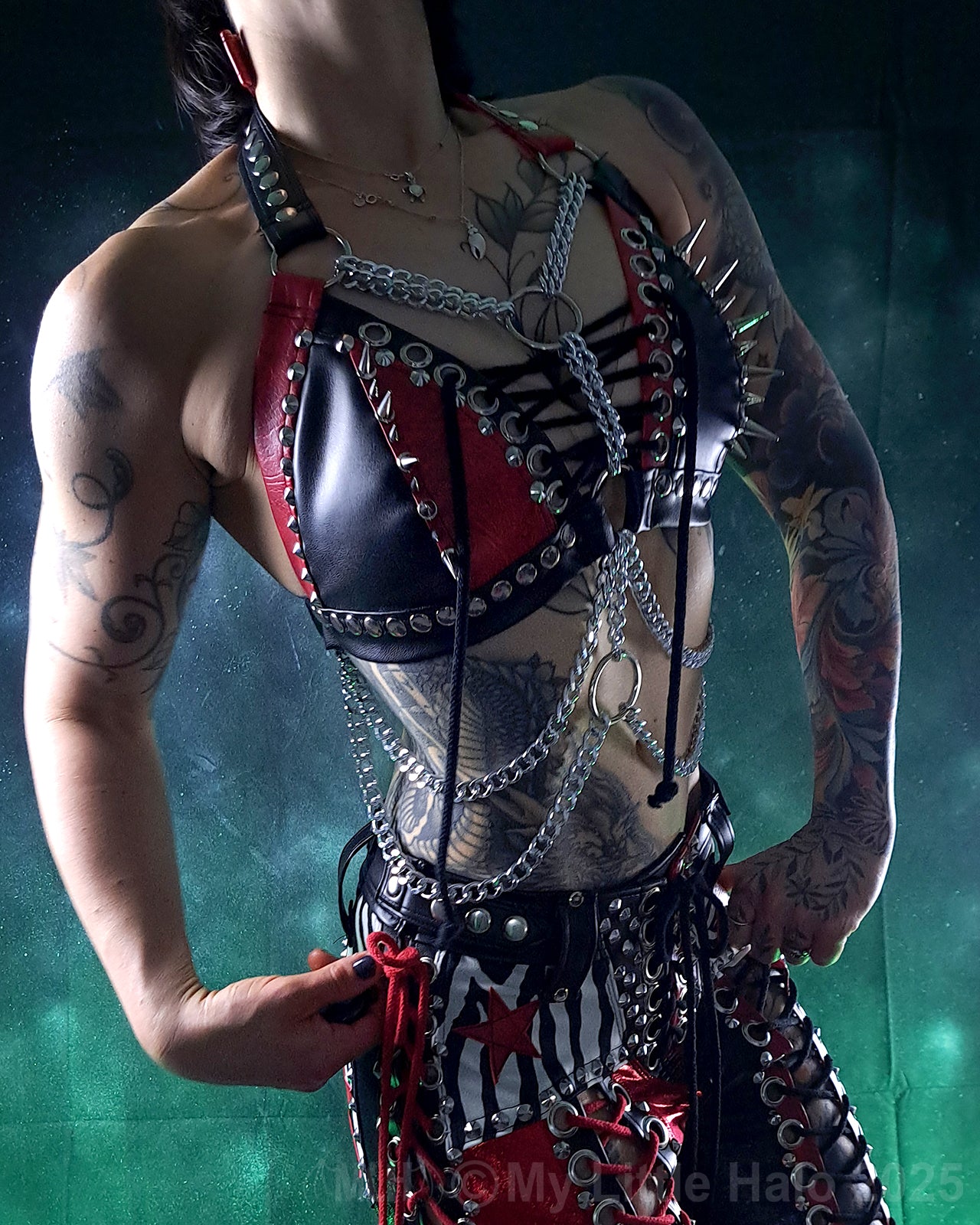 #19 Red & Black Spiked Harness Bikini Halter