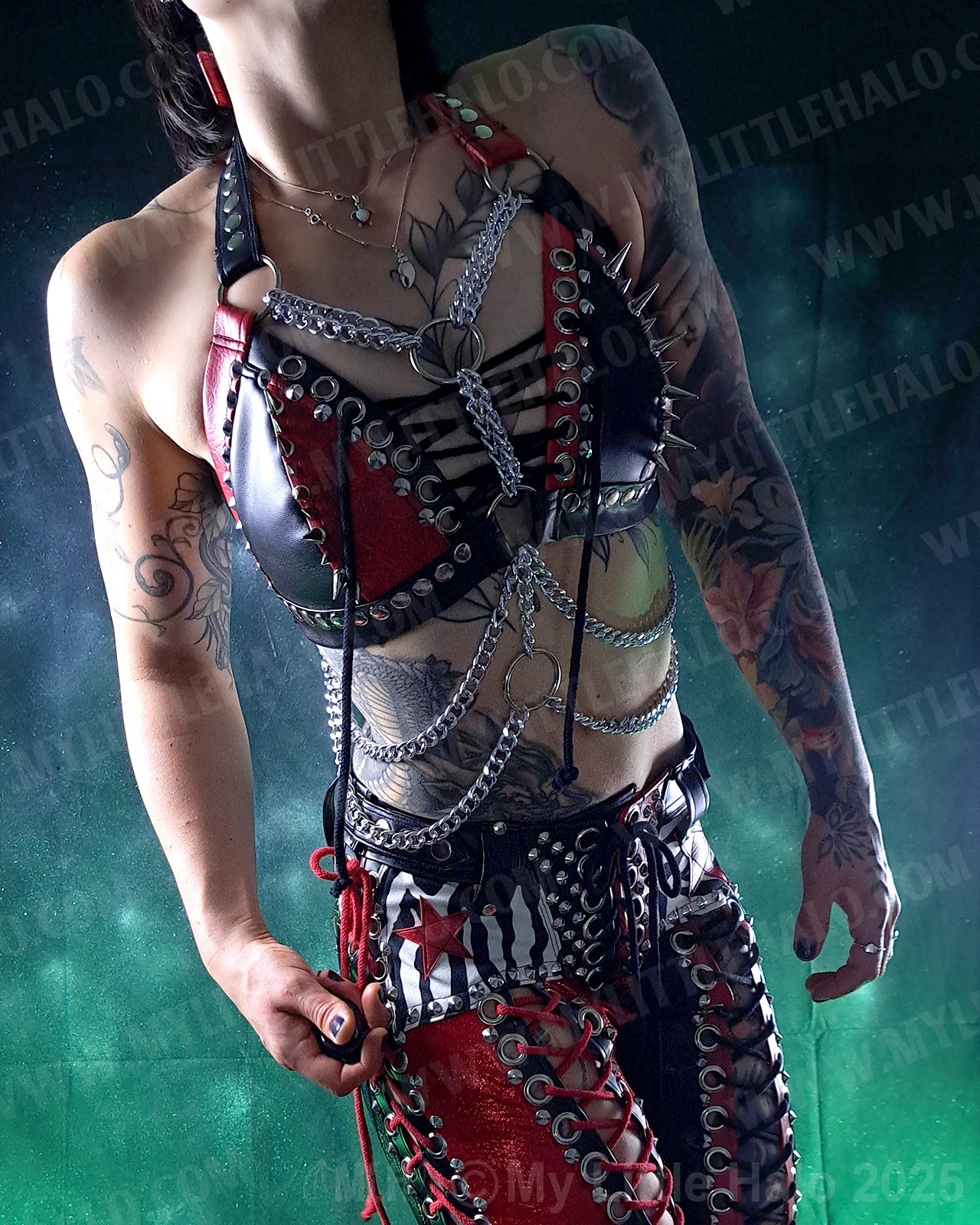 #19 Red & Black Spiked Harness Bikini Halter