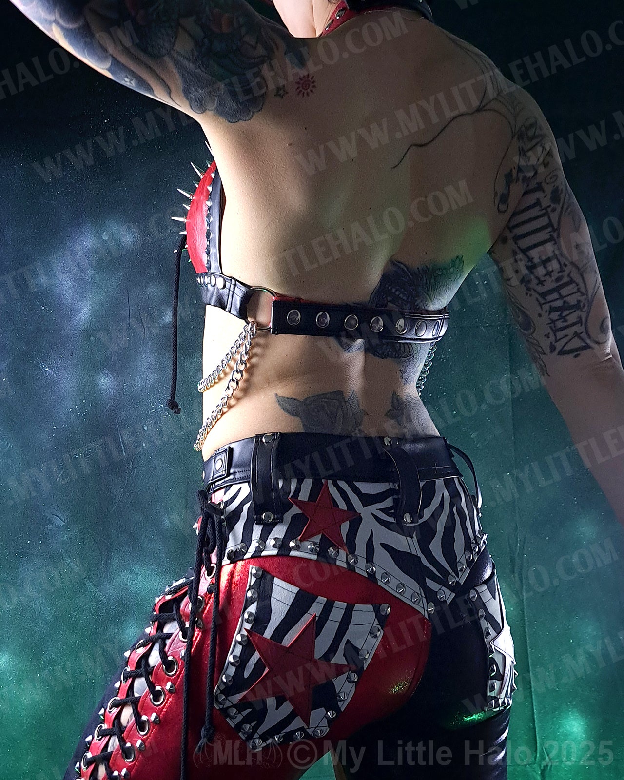 #19 Red & Black Spiked Harness Bikini Halter