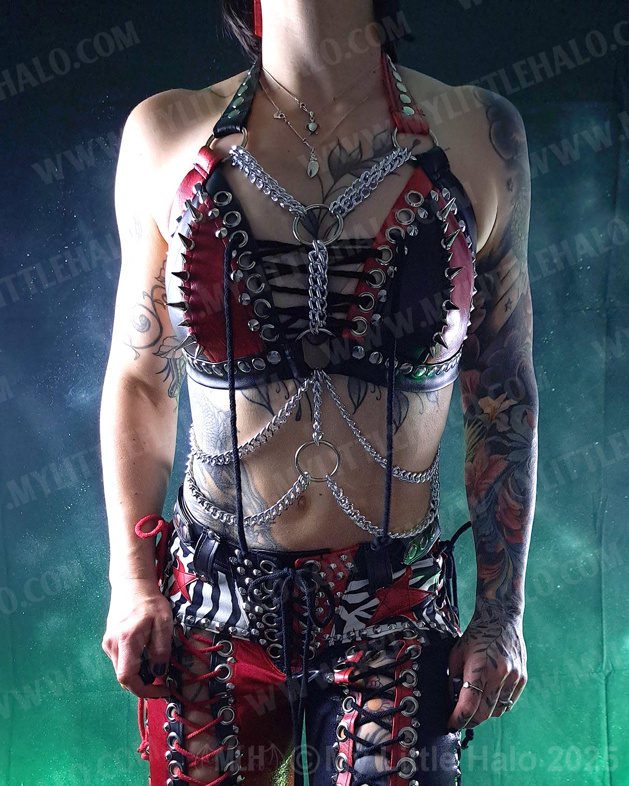 #19 Red & Black Spiked Harness Bikini Halter