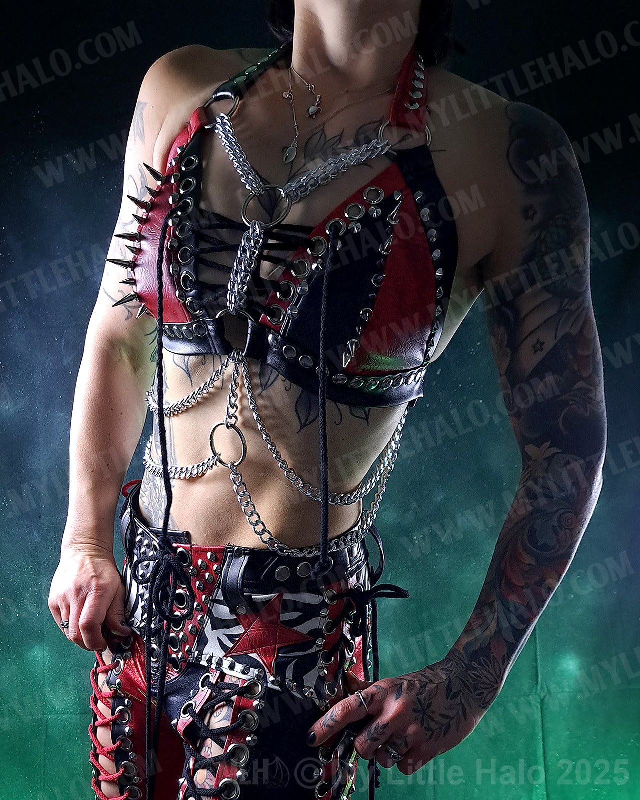 #19 Red & Black Spiked Harness Bikini Halter