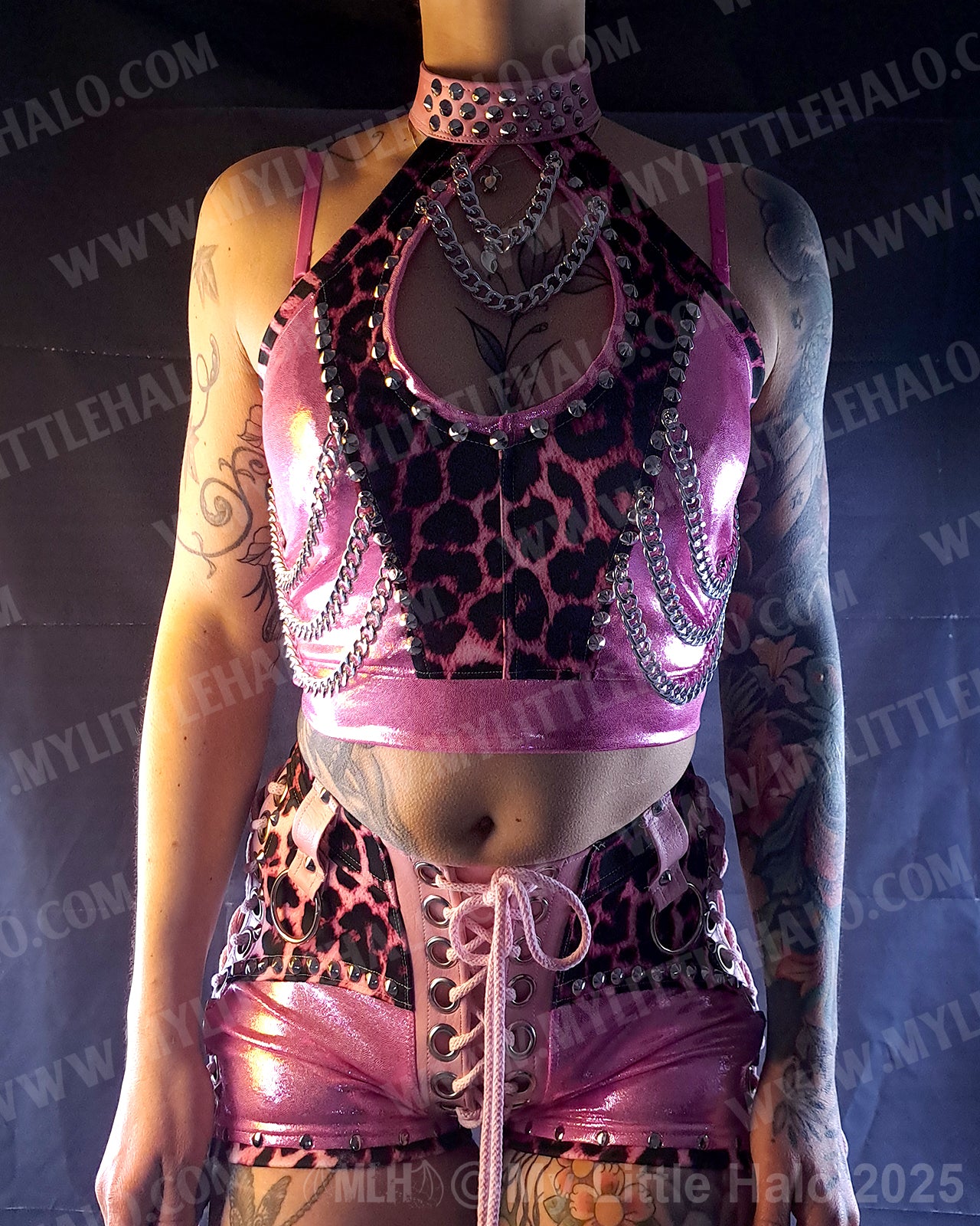 #1 Pink Candy & Leopard Chains Peephole Crop Top (04-25-01-1-01)