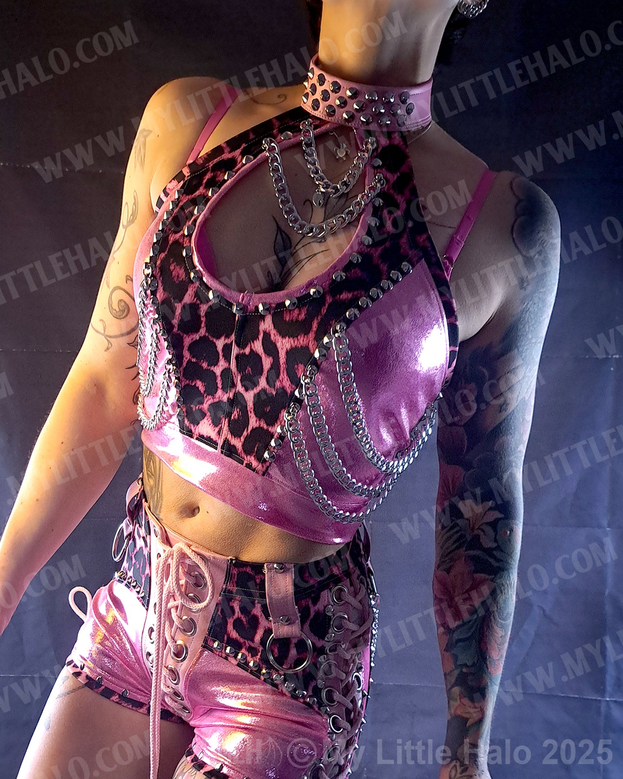 #1 Pink Candy & Leopard Chains Peephole Crop Top (04-25-01-1-01)