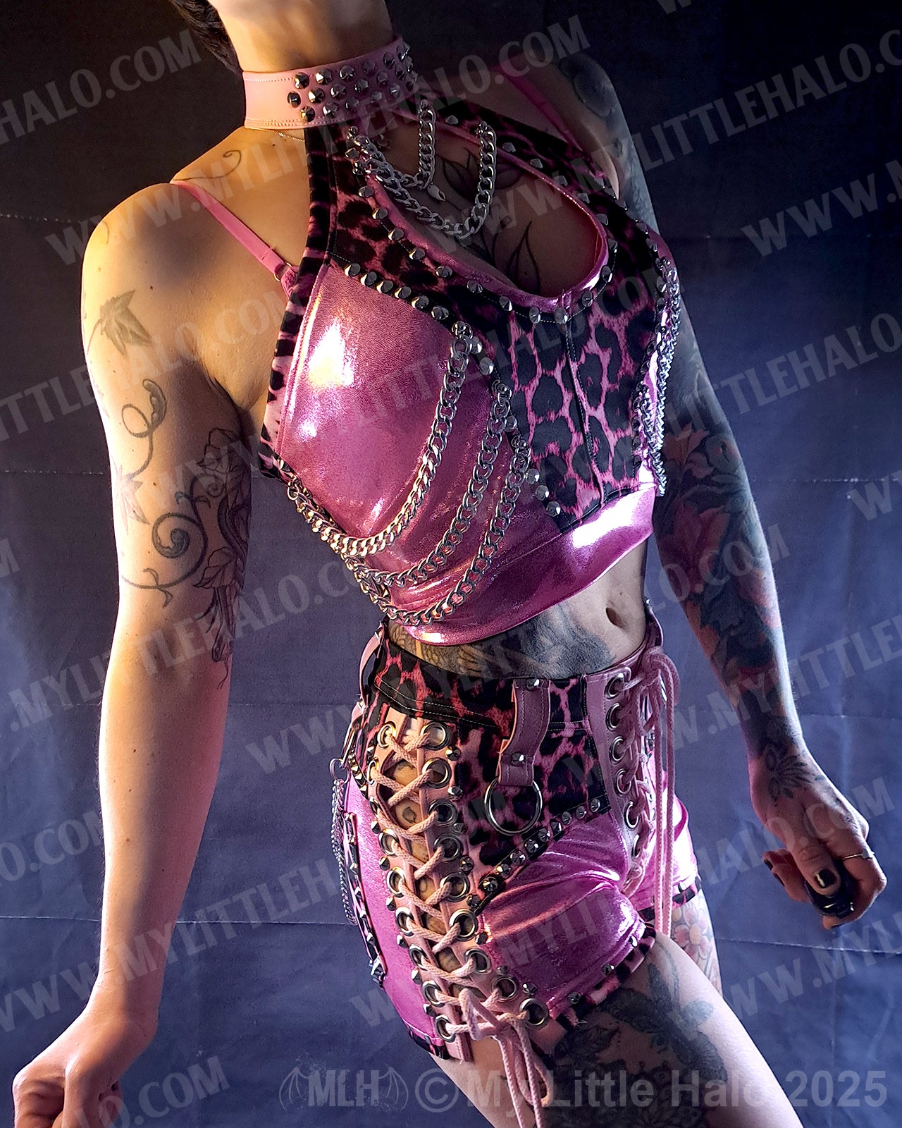#1 Pink Candy & Leopard Chains Peephole Crop Top (04-25-01-1-01)