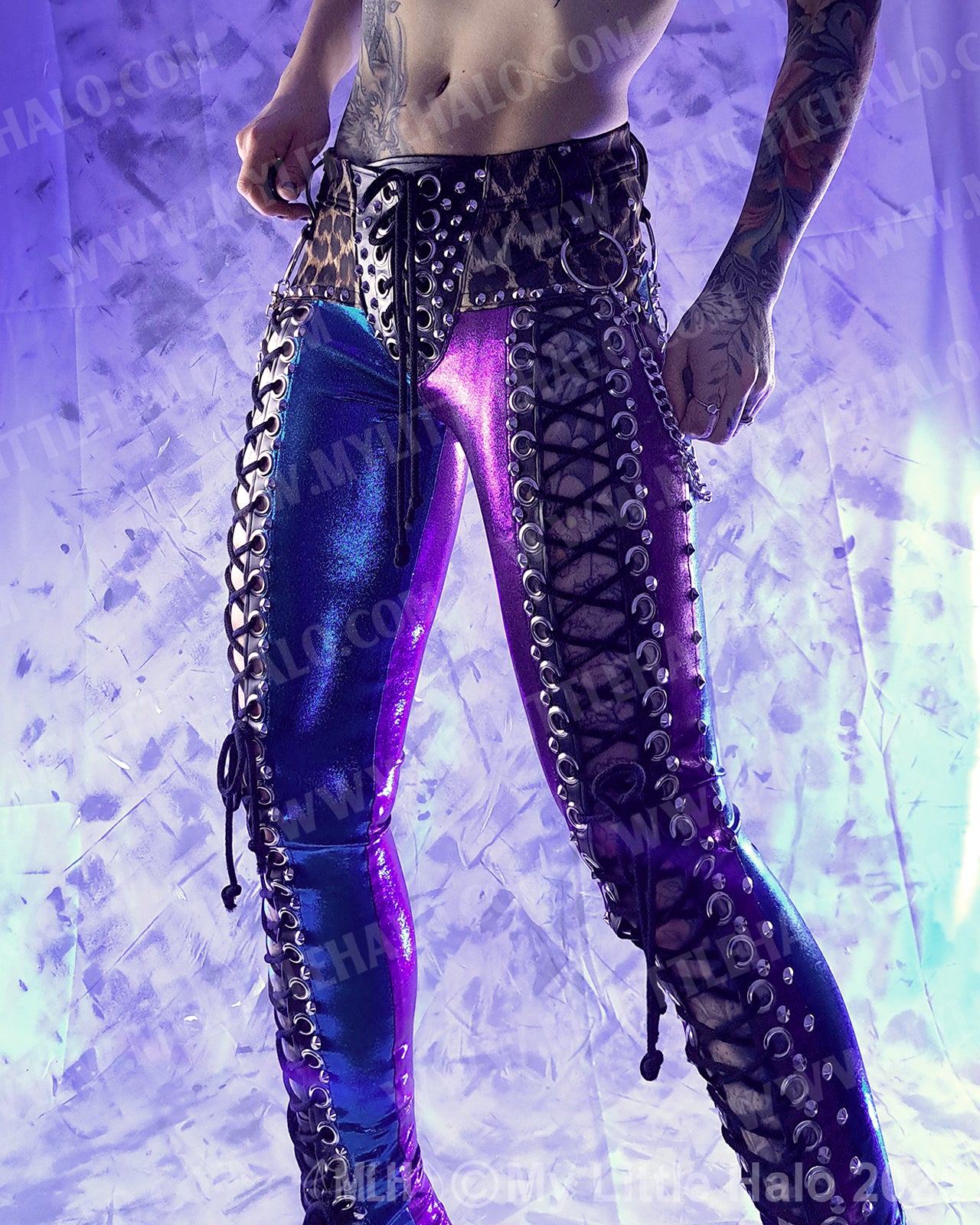 #1 Purple & Turquoise Leopard Print Front Lace up Pants