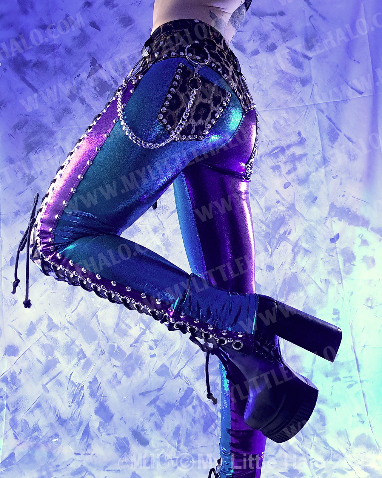 #1 Purple & Turquoise Leopard Print Front Lace up Pants