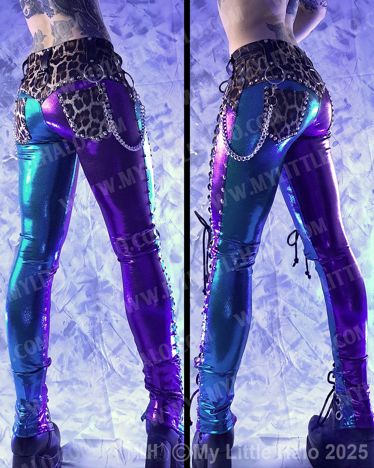 #1 Purple & Turquoise Leopard Print Front Lace up Pants