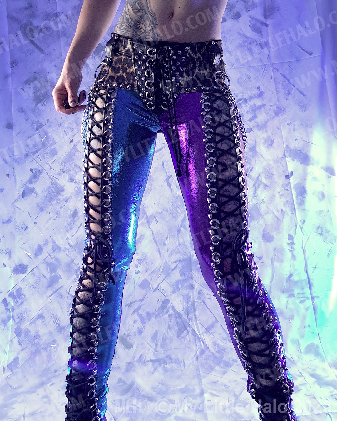 #1 Purple & Turquoise Leopard Print Front Lace up Pants